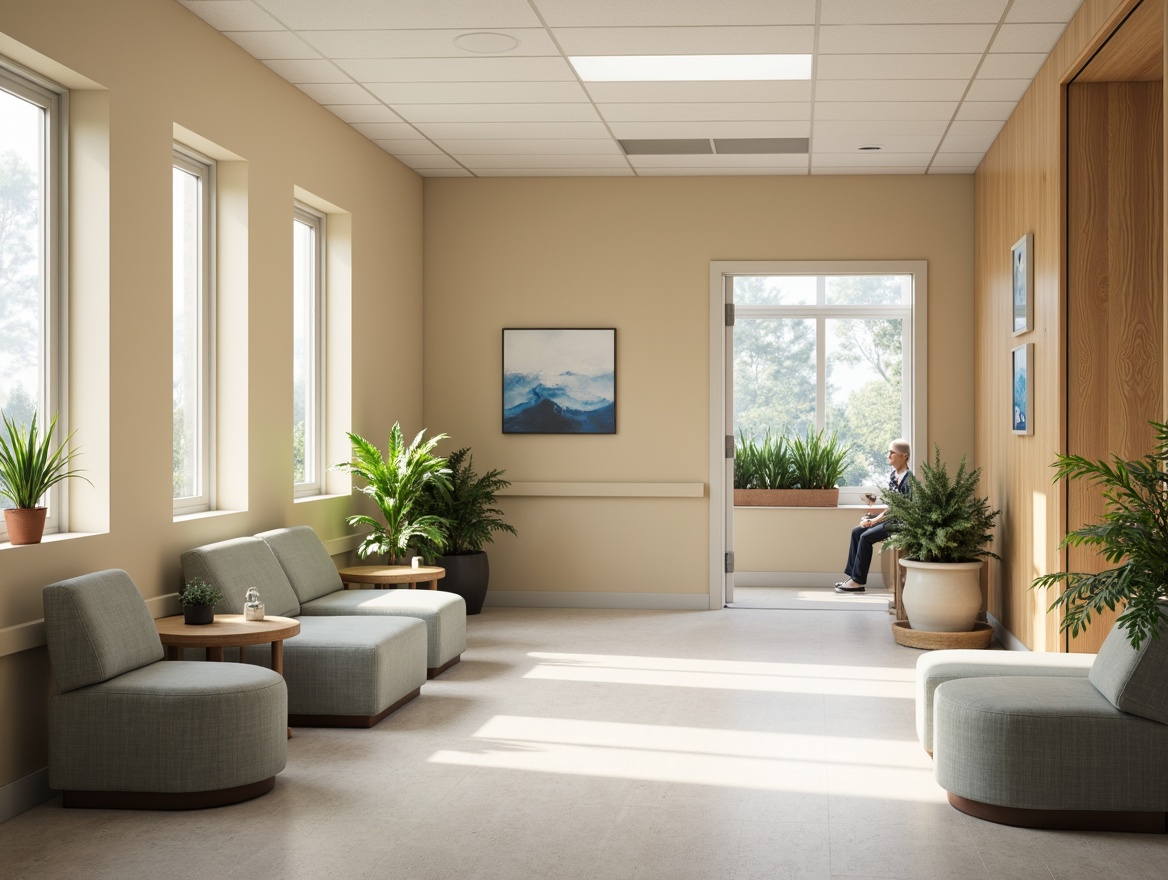 Prompt: Calming hospital interior, soft beige walls, warm wood accents, gentle blue undertones, soothing greenery, natural light pouring in, comfortable seating areas, minimalist decor, subtle texture contrasts, calming artwork, serene atmosphere, quiet ambiance, cozy reading nooks, peaceful waiting areas, uplifting color scheme, bright white trim, creamy flooring, rounded furniture shapes, soft indirect lighting, 1/2 composition, shallow depth of field, warm inviting tone.