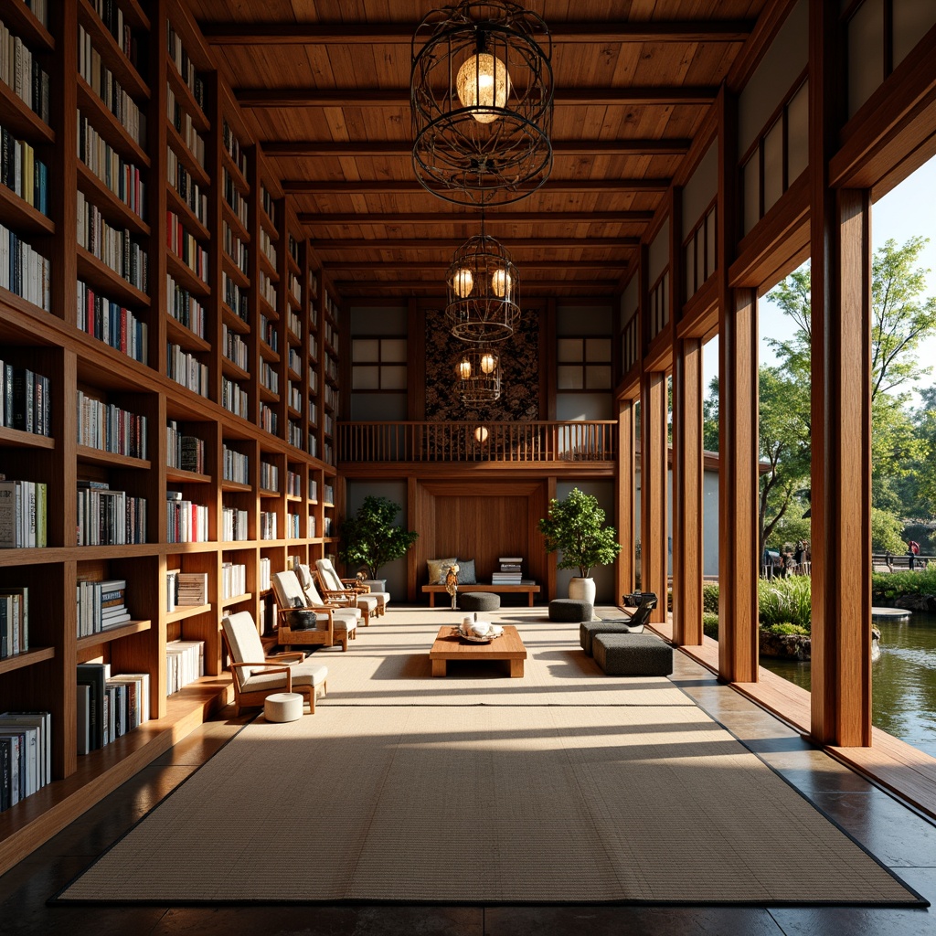 Prompt: Traditional Asian-inspired library, intricately carved wooden shelves, ornate lanterns, delicate paper lanterns, vibrant silk fabrics, natural bamboo flooring, tatami mats, shoji screens, sliding doors, Japanese-style gardens, tranquil koi ponds, bonsai trees, soft warm lighting, shallow depth of field, 1/1 composition, realistic textures, ambient occlusion.