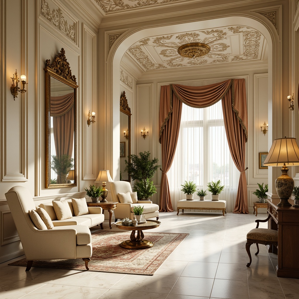 Prompt: Opulent Rococo interior, soft golden lighting, lavish furnishings, ornate mirrors, intricately carved wooden paneling, creamy white marble floors, velvety smooth upholstery, rich jewel-toned fabrics, delicate porcelain vases, antique bronze fixtures, elegant curvaceous lines, whimsical shell motifs, pastel hues, gentle cream colors, warm beige tones, luxurious silk drapes, ornate gilded details, refined Baroque influences, sophisticated 18th-century French essence, airy spaciousness, subtle chiaroscuro.