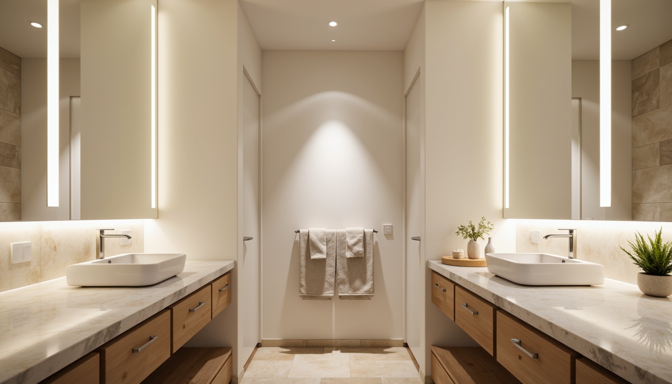 Prompt: Soft glow ambient lighting, elegant marble countertops, minimalist sink basins, wall-mounted faucets, modern LED strip lights, subtle shadow accents, creamy white walls, polished chrome fixtures, sleek mirrored cabinets, warm beige floors, natural stone textures, recessed ceiling lights, gentle diffused illumination, 1/2 composition, soft focus blur, realistic reflections.