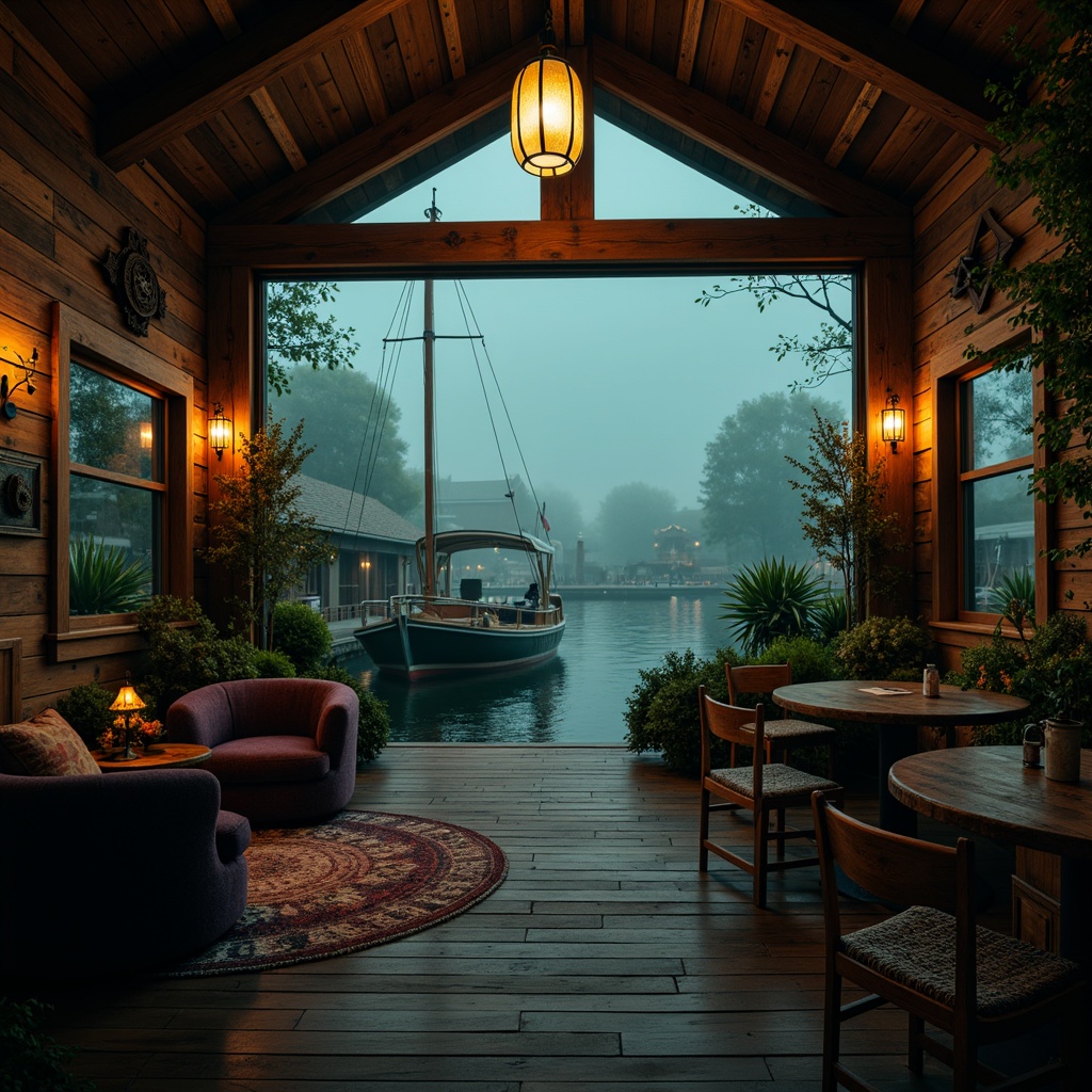 Prompt: Moody boathouse, mysterious waterfront, dark wood accents, rusty metal decorations, vintage nautical instruments, foggy atmosphere, misty mornings, eerie twilight, rich velvet fabrics, ornate wooden carvings, distressed finishes, earthy color palette, mossy greens, weathered blues, muted grays, worn woods, candlelit ambiance, warm golden lighting, soft focus, atmospheric perspective, cinematic composition.