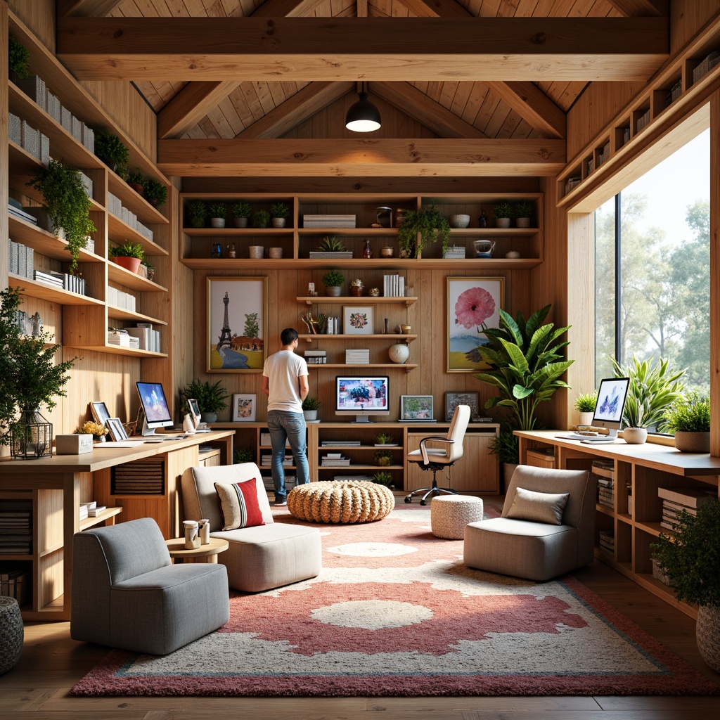 Prompt: Inspiring craft room, natural wood accents, ergonomic workstations, adjustable desk lamps, built-in shelving units, colorful storage bins, vibrant artwork displays, comfy seating areas, plush area rugs, abundant natural light, soft warm glow lighting, 3/4 composition, shallow depth of field, realistic textures, ambient occlusion.