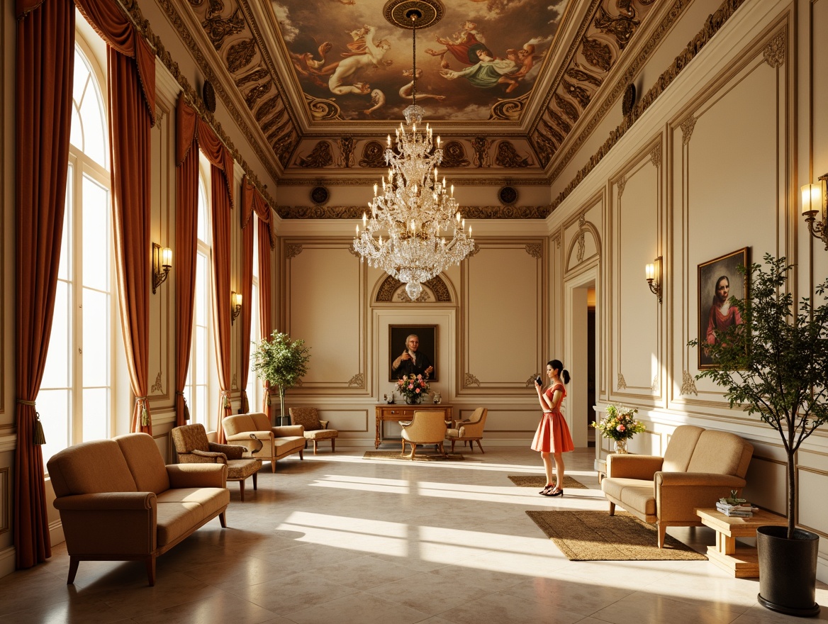 Prompt: Richly ornate neoclassical interior, warm beige walls, creamy marble floors, elegant crystal chandeliers, luxurious velvet drapes, gilded wooden furniture, intricate moldings, soft golden lighting, subtle texture overlays, realistic reflections, shallow depth of field, 1/2 composition, atmospheric perspective, Renaissance-inspired patterns, ornate frescoes, lavish decorative accents.