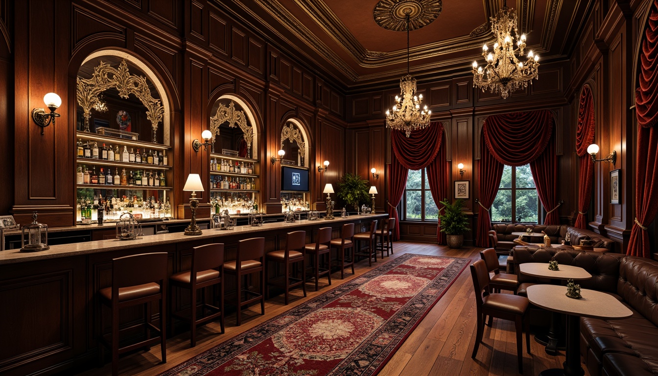 Prompt: \Richly ornate bar, dark wood tones, velvet drapes, antique bronze fixtures, ornamental mirrors, luxurious leather upholstery, intricate carvings, patterned rugs, grandiose chandeliers, dim warm lighting, 1/1 composition, shallow depth of field, realistic textures, ambient occlusion, lavish Victorian-era details, opulent fabrics, regal colors, stately atmosphere, refined elegance.\