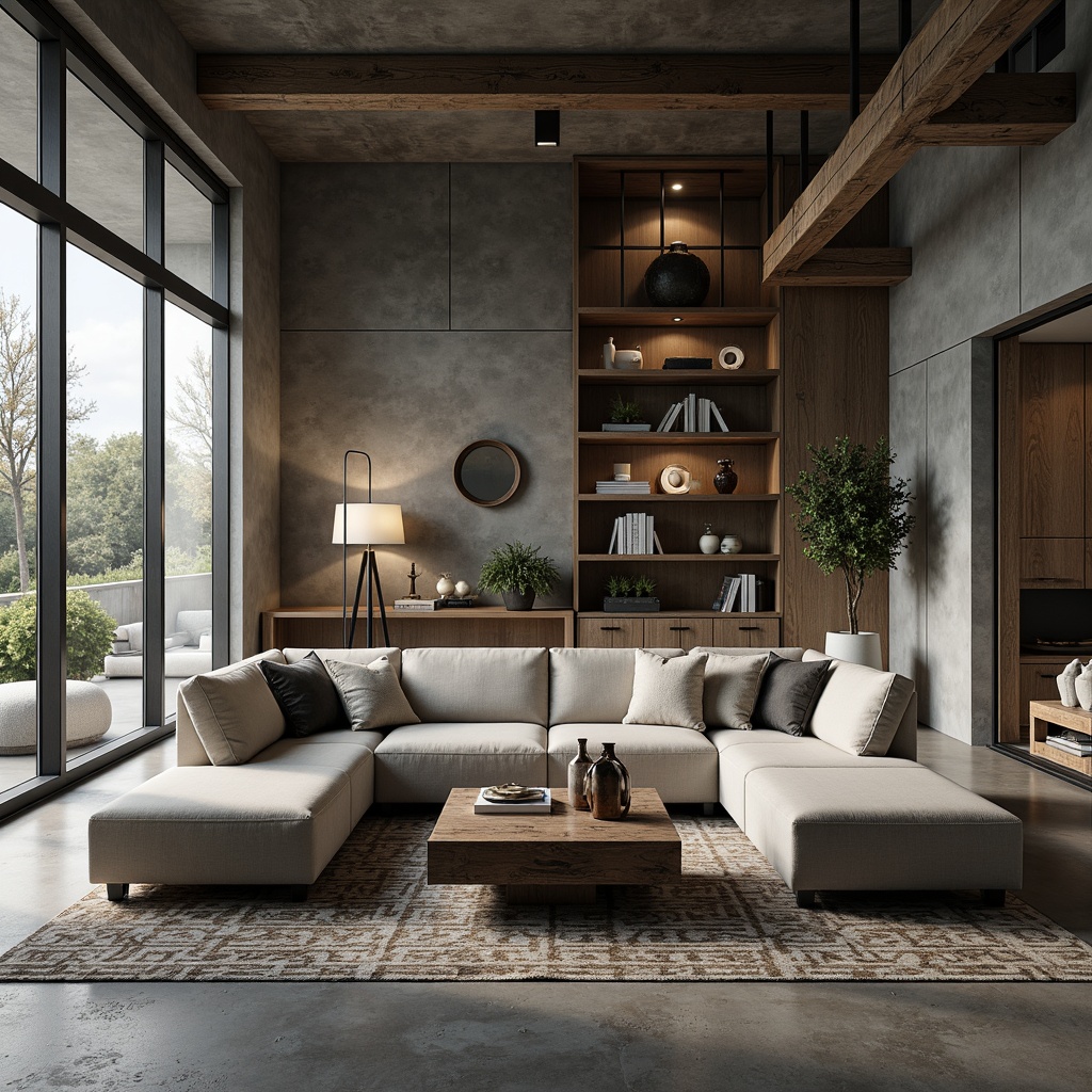 Prompt: Rugged family room, brutalist furniture layout, concrete walls, industrial metal beams, reclaimed wood accents, plush sectional sofa, chunky coffee table, geometric patterned rug, oversized floor lamps, minimalist decor, monochromatic color scheme, dramatic natural light, shallow depth of field, 1/1 composition, realistic textures, ambient occlusion.