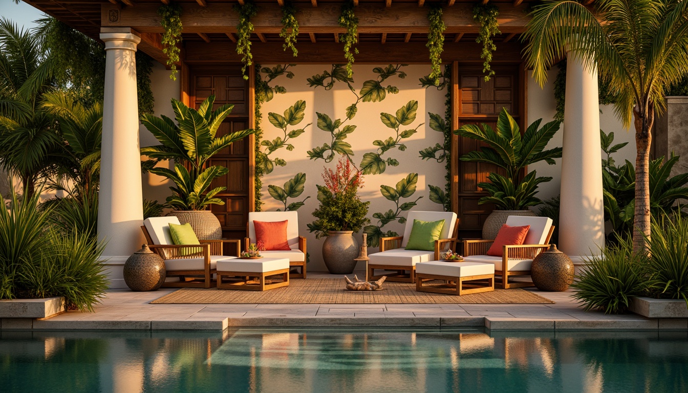 Prompt: Warm ambient lighting, tropical leaf-patterned wallpaper, rattan furniture, natural woven fibers, vibrant colorful textiles, wooden accents, exotic plants, water features, calm pool reflections, soft diffused light, 1/1 composition, shallow depth of field, warm white balance, creamy pastel colors, subtle shadows, relaxed atmosphere, luxurious comfort, island-inspired decor, natural materials, earthy tones.Let me know if this meets your requirements!