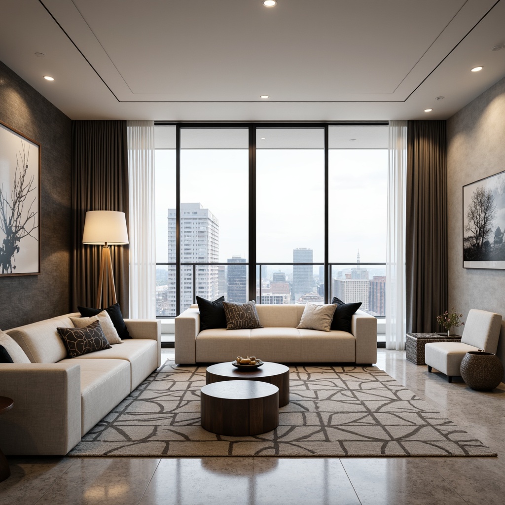 Prompt: Luxurious living room, modern minimalist furniture, sleek low-profile sofas, velvety soft cushions, metallic accent tables, polished marble floors, floor-to-ceiling windows, abundant natural light, urban cityscape views, neutral color palette, creamy whites, rich charcoal grays, bold statement artwork, geometric patterned rugs, plush throw blankets, ambient warm lighting, shallow depth of field, 2/3 composition, realistic textures, subtle shading.