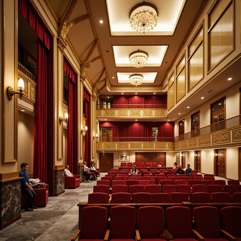 Prompt: Vibrant auditorium interior, warm golden lighting, rich wood accents, plush red velvet seats, ornate golden balconies, grand crystal chandeliers, soft cream-colored walls, subtle grey flooring, dramatic crimson curtains, elegant marble columns, sophisticated dark wood paneling, refined silver metalwork, luxurious deep blue upholstery, airy high ceilings, sweeping curved lines, warm beige tones, inviting atmosphere, soft focus, shallow depth of field, 1/2 composition, realistic textures, ambient occlusion.