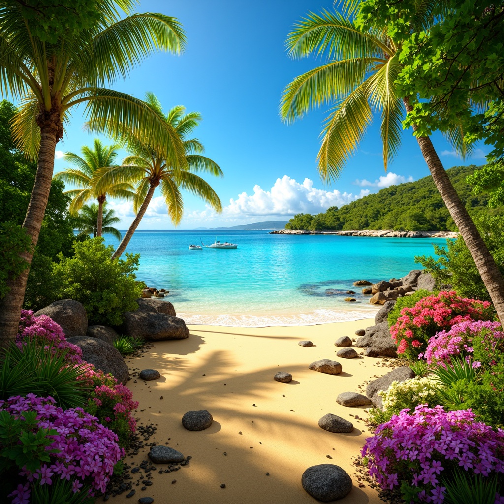 Prompt: Vibrant tropical island, lush green palm trees, colorful coral reefs, bright turquoise ocean waters, sunny yellow sandy beaches, exotic floral patterns, warm golden lighting, 3/4 composition, shallow depth of field, soft focus background, realistic textures, ambient occlusion.