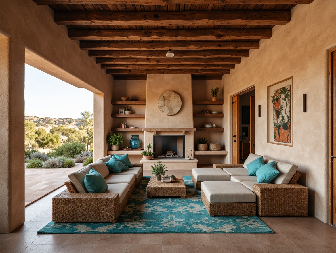 Prompt: Earth-toned adobe walls, rustic wooden beams, vibrant turquoise accents, plush southwestern-patterned rugs, comfortable sectional sofas, woven wicker furniture, natural stone fireplaces, large windows with desert landscape views, soft warm lighting, shallow depth of field, 3/4 composition, realistic textures, ambient occlusion, open floor plans, functional storage solutions, minimalist decor, earthy color palette, cozy reading nooks, built-in shelving units.