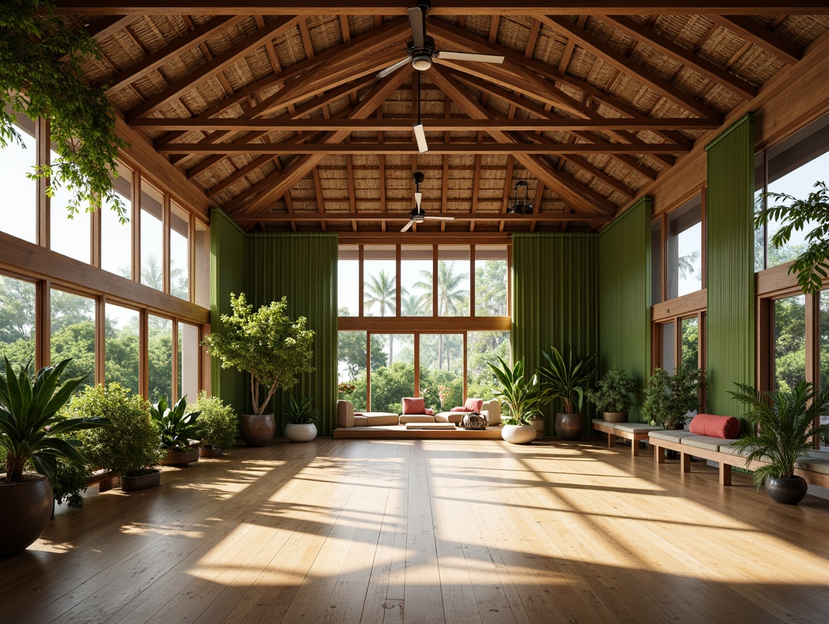 Prompt: Tropical gymnasium, high ceilings, large windows, sliding glass doors, natural ventilation, cross breezes, wooden accents, woven bamboo flooring, green walls, lush plants, overhead fans, gentle wind chimes, soft diffused lighting, warm color tones, 1/1 composition, relaxed atmosphere, serene ambiance, realistic textures, ambient occlusion.