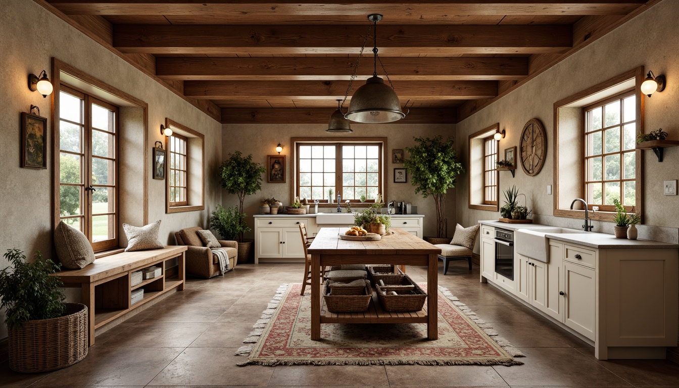 Prompt: Rustic farmhouse interior, distressed wood accents, worn brick walls, vintage metal decorations, earthy color palette, natural stone flooring, plush area rugs, linen upholstery, soft warm lighting, cozy reading nooks, wooden beam ceilings, country-style kitchen islands, pendant lanterns, galvanized metal accessories, woven baskets, antique furniture pieces, classic farmhouse sink, ceramic tile backsplashes, warm beige walls, cream-colored cabinets, classic Shaker-style cabinetry, 1/1 composition, soft focus, warm color grading.