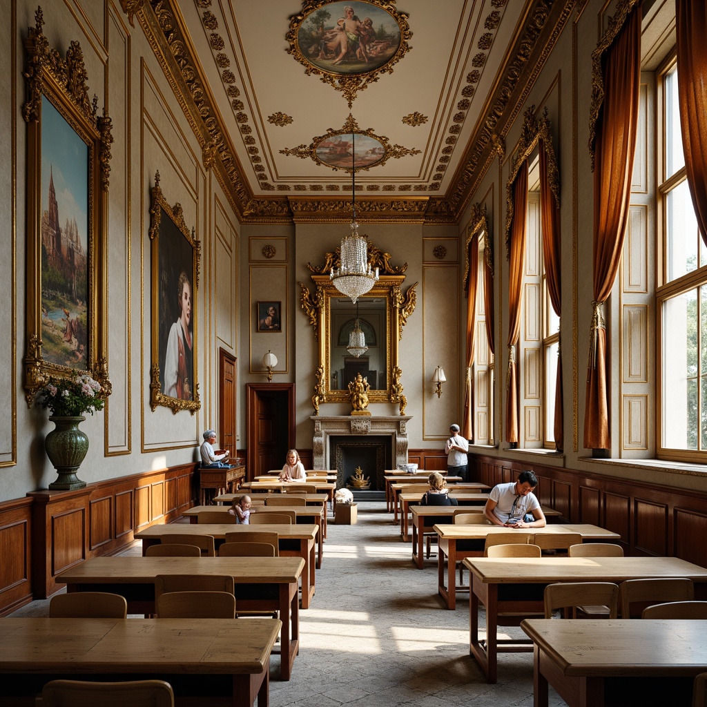 Prompt: Ornate classroom, gilded accents, intricate moldings, carved wooden panels, luxurious velvet drapes, ornamental mirrors, crystal chandeliers, pastel color palette, soft warm lighting, shallow depth of field, 1/2 composition, intimate atmosphere, rich textures, subtle reflections, elegant furnishings, curved lines, natural stone flooring, exquisite decorative patterns, delicate frescoes, Rococo-inspired motifs, whimsical illustrations, classic literature references.