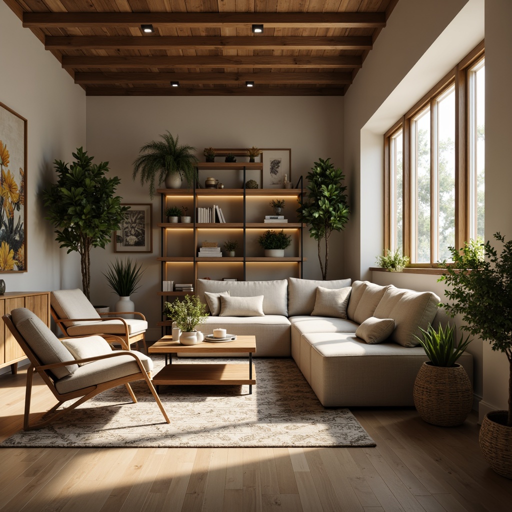 Prompt: Cozy living room, comfortable couch, wooden coffee table, potted plants, natural fabrics, earthy color palette, soft warm lighting, functional layout, optimized traffic flow, ample storage space, minimalist decor, Scandinavian-inspired design, ergonomic chairs, adjustable desks, built-in shelves, geometric rug patterns, calm atmosphere, subtle textures, shallow depth of field, 2/3 composition, realistic rendering.