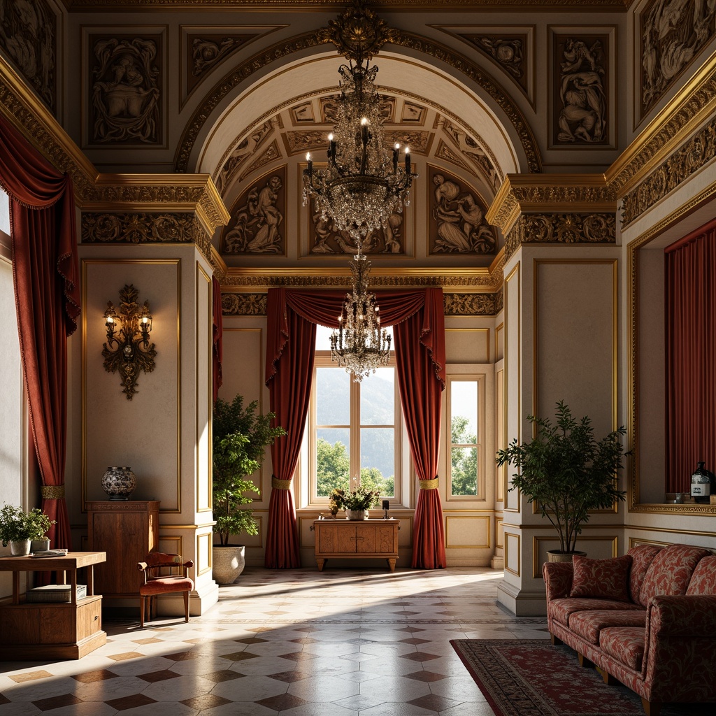 Prompt: Richly ornamented palace, intricately carved stone walls, ornate wooden doors, polished marble floors, lavish furnishings, velvet drapes, golden accents, crystal chandeliers, luxurious fabrics, soft warm lighting, shallow depth of field, 1/1 composition, realistic textures, ambient occlusion.