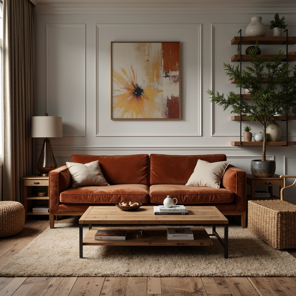 Prompt: Mid-century modern sofa, velvet upholstery, natural wood coffee table, industrial metal lamp, woven wicker armchair, distressed leather ottoman, reclaimed wood shelving, abstract artwork, earthy tone rug, minimalist decor, plenty of negative space, warm softbox lighting, shallow depth of field, 1/1 composition, realistic textures, ambient occlusion.