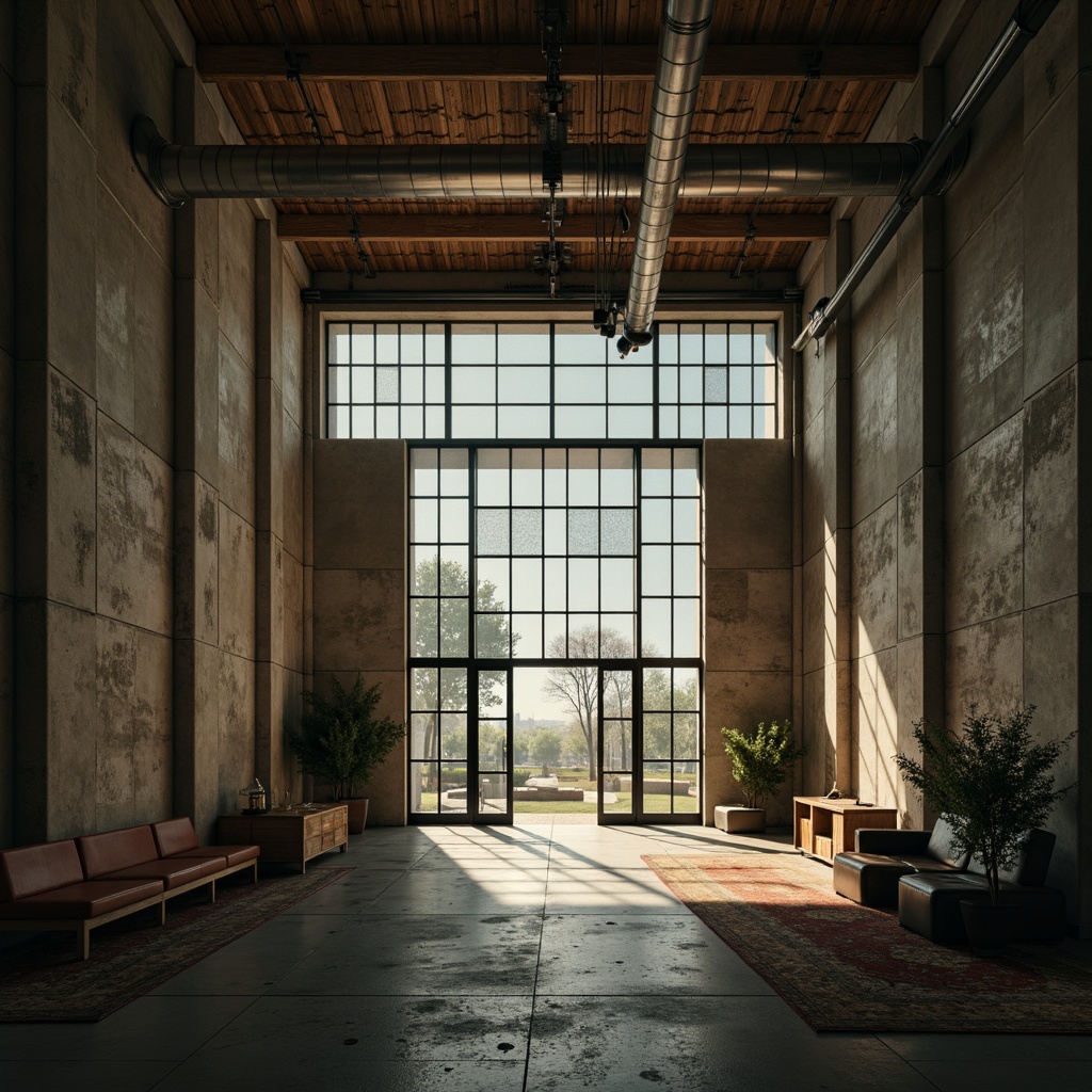 Prompt: Brutalist interior, rugged concrete walls, raw industrial materials, exposed ductwork, minimalist decor, sparse furnishings, dramatic natural light, translucent glass surfaces, diffuse warm glow, subtle shadows, atmospheric ambiance, cinematic lighting, 1-point perspective, low-angle shot, realistic textures, ambient occlusion.