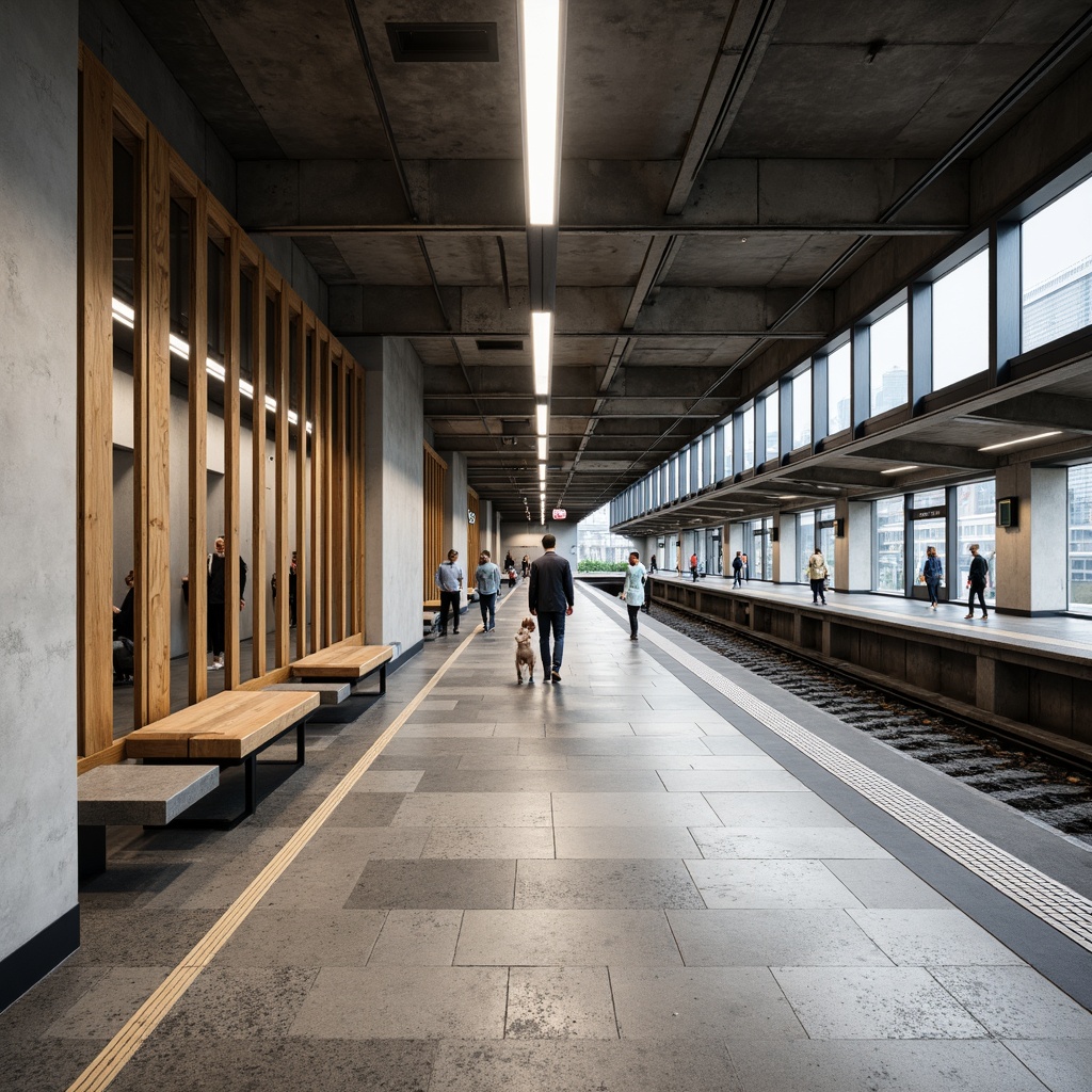 Prompt: Industrial-chic metro station, transitional style, polished concrete floors, durable epoxy resin coatings, textured stone tiles, metallic accents, stainless steel railings, modern LED lighting, sleek benches, urban vibe, busy atmosphere, natural ventilation, high ceilings, large windows, glass partitions, minimal ornamentation, functional design, neutral color palette, subtle patterns, 3/4 composition, softbox lighting, realistic reflections.