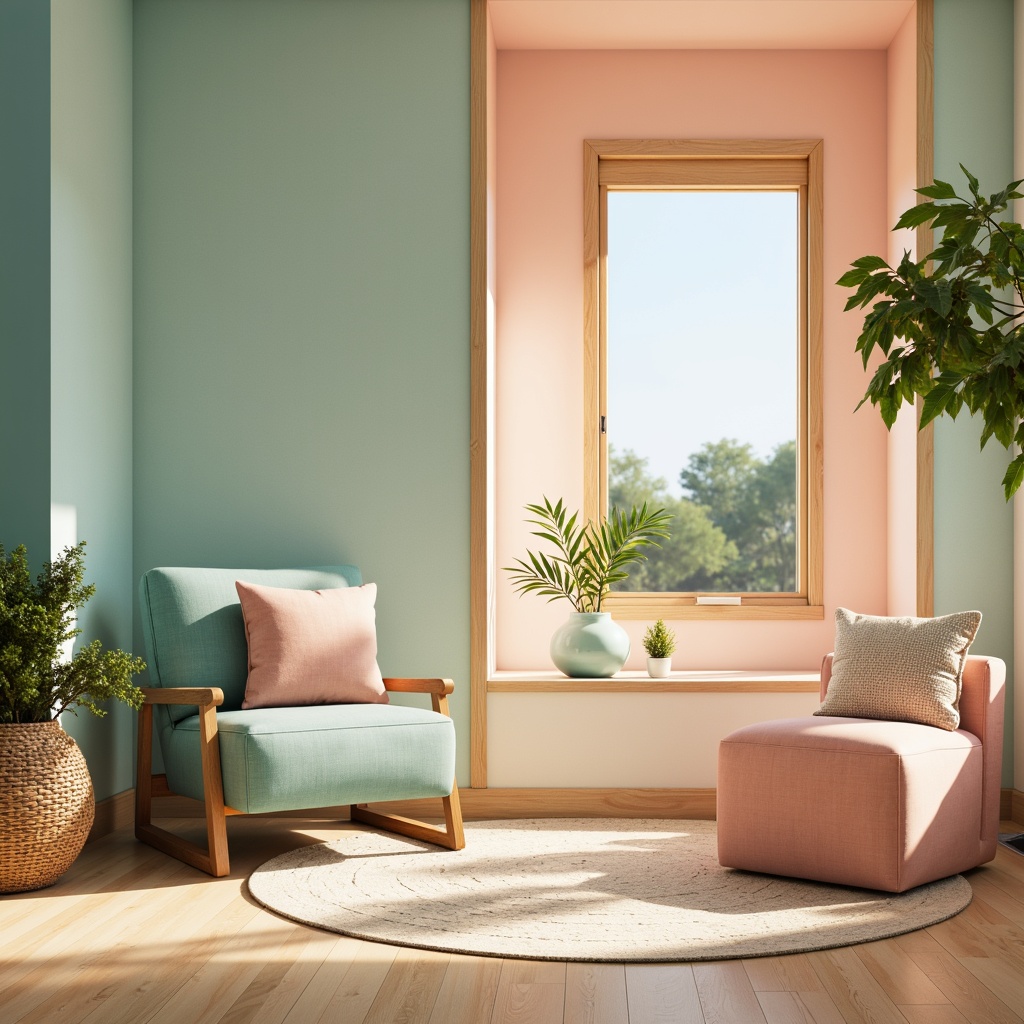 Prompt: Vibrant color scheme, pastel hues, soft peach tones, calming blues, muted greens, creamy whites, rich wood accents, natural textures, earthy undertones, soothing ambiance, gentle gradient transitions, warm golden lighting, shallow depth of field, 2/3 composition, realistic renderings, ambient occlusion.