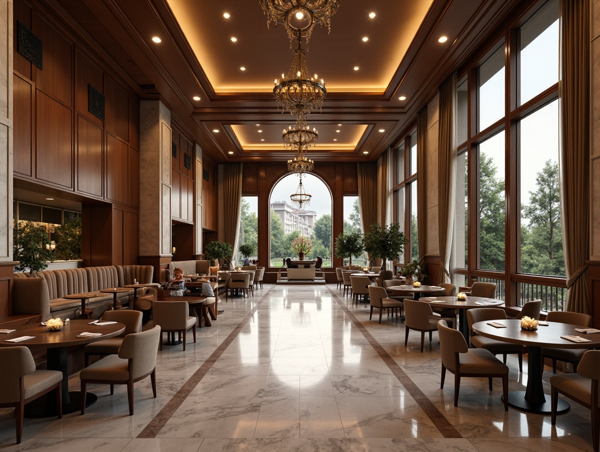 Prompt: Elegant dining hall, luxurious marble floors, rich wood paneling, metallic accents, soft warm lighting, subtle ambient occlusion, 3/4 composition, shallow depth of field, realistic textures, natural stone walls, refined glass tables, upholstered chairs, velvet drapes, ornate chandeliers, sophisticated color palette, atmospheric misting systems, serene ambiance, tranquil atmosphere.