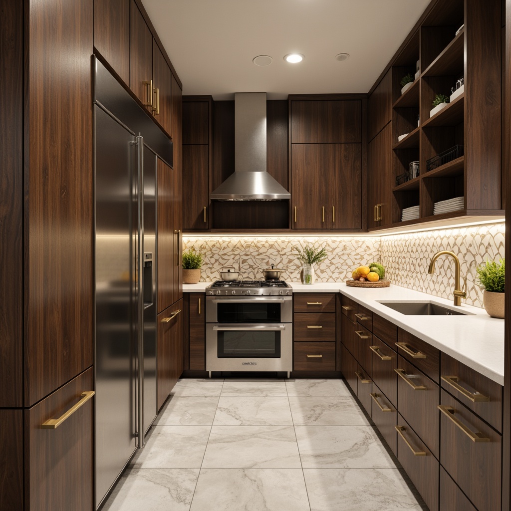 Prompt: Modern pantry interior, sleek cabinetry, high-gloss finishes, minimalist handles, soft-close drawers, LED lighting, marble countertops, warm wooden accents, stainless steel appliances, industrial-style shelving, geometric tile backsplash, neutral color palette, natural stone flooring, recessed ceiling lighting, 1/1 composition, shallow depth of field, realistic textures.