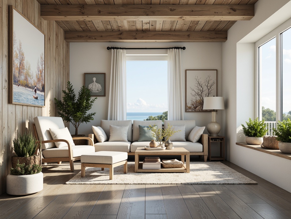 Prompt: Coastal living room, driftwood gray flooring, natural textured planks, weathered wood accents, sea salt-colored walls, coral-inspired decorative tiles, beachy vibe, soft warm lighting, shallow depth of field, 3/4 composition, panoramic view, realistic textures, ambient occlusion.