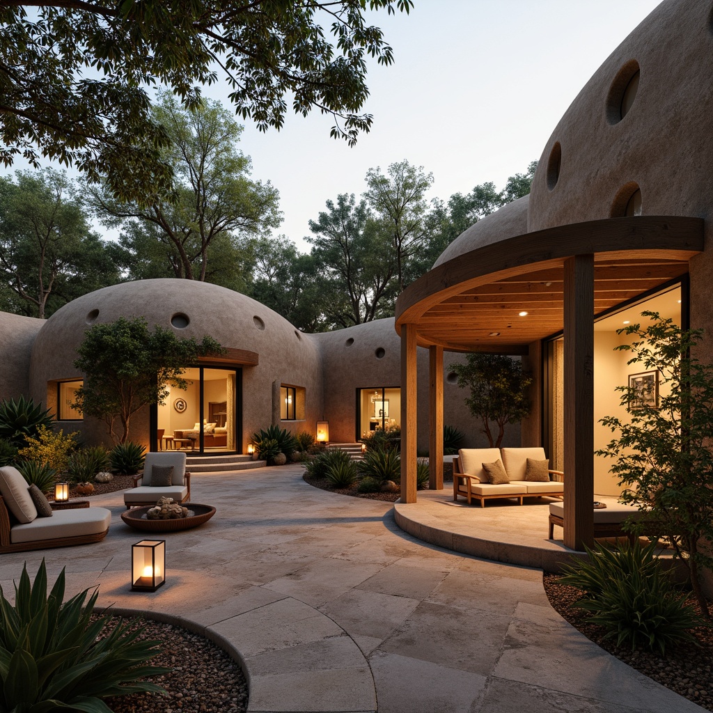 Prompt: Rammed earth home exterior, natural blend with surroundings, organic curves, earthy tones, rough textures, stone walls, wooden accents, lush greenery, vines crawling up walls, outdoor seating areas, woven furniture, lanterns, candlelight, warm ambiance, soft shadows, dappled light filtering through trees, 1/2 composition, shallow depth of field, realistic earth materials, ambient occlusion.