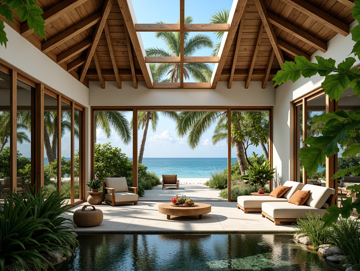 Prompt: Tropical villa, lush greenery, exotic plants, natural materials, wooden accents, large windows, sliding glass doors, open-plan living, high ceilings, clerestory windows, skylights, bright airy atmosphere, warm sunny day, soft gentle lighting, shallow depth of field, 1/1 composition, panoramic view, realistic textures, ambient occlusion, ocean views, beachside setting, palm trees, hibiscus flowers, turquoise water, powdery white sand.