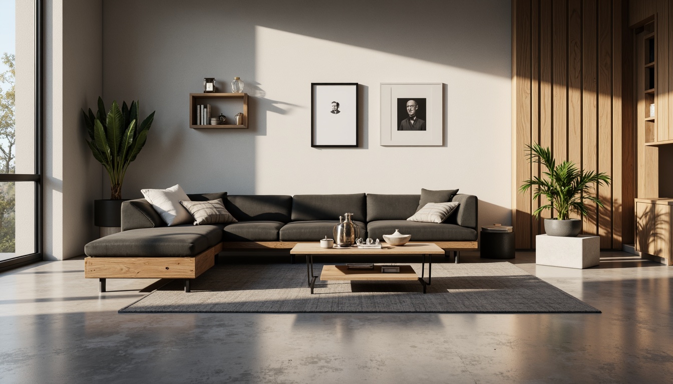 Prompt: Sleek living room, minimalist furniture, low-profile sofa, monochromatic color scheme, polished concrete floor, industrial chic decor, modern geometric patterns, subtle textures, ambient warm lighting, shallow depth of field, 1/1 composition, realistic render, soft focus effect, cozy atmosphere, natural materials, reclaimed wood accents, metal leg details, Scandinavian-inspired design, calm ambiance, morning sunlight, gentle shadows.