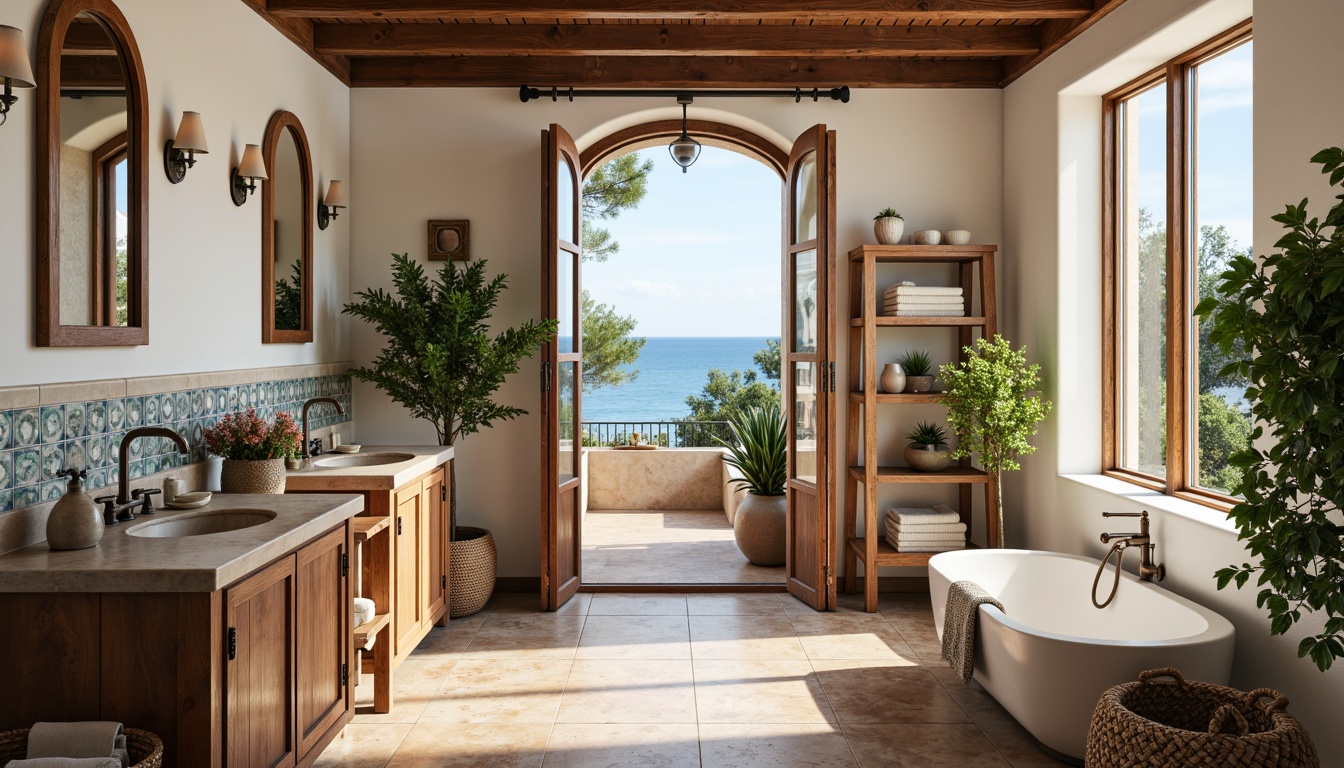 Prompt: Warm Mediterranean bathroom, ocean-inspired color palette, soft blue hues, creamy whites, earthy terracotta tones, ornate metal fixtures, vintage bronze faucets, distressed wood vanities, natural stone countertops, mosaic tile backsplashes, decorative ceramic accents, arched mirrors, rustic wooden shelves, woven wicker baskets, lush greenery, potted plants, warm ambient lighting, soft focus photography, shallow depth of field, 1/2 composition, realistic textures.