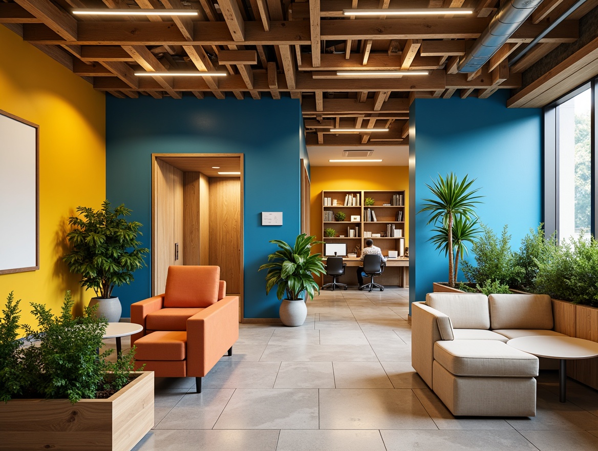 Prompt: Vibrant academic workspace, rich wood accents, bold blue walls, warm beige furniture, natural stone floors, abundant greenery, modern minimalist decor, sleek metal shelving, ergonomic chairs, collaborative workstations, interactive whiteboards, stimulating color scheme, energizing yellow hues, invigorating orange tones, soft warm lighting, shallow depth of field, 3/4 composition, realistic textures, ambient occlusion.