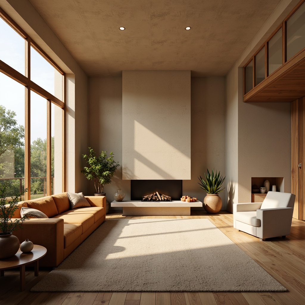 Prompt: Cozy living room, warm beige walls, rich wood furniture, plush velvet sofa, soft golden lighting, natural stone fireplace, earthy terracotta vases, botanical greenery, modern minimalist decor, airy open space, large windows, calm atmosphere, soothing color scheme, monochromatic tones, subtle texture contrast, 1/2 composition, soft focus, realistic rendering.