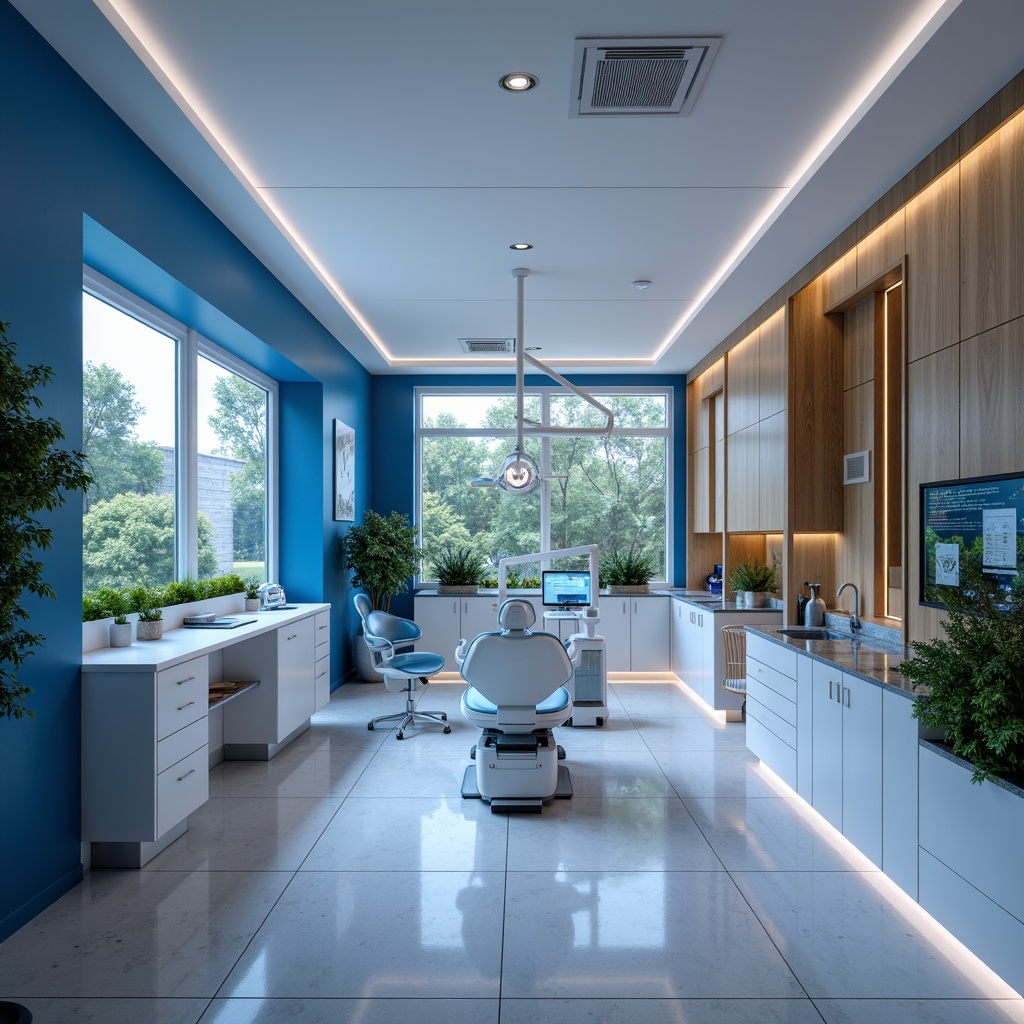 Prompt: Modern dental clinic interior, sleek minimalistic furniture, curved lines, gentle LED lighting, calming blue and white color scheme, ergonomic dentist chairs, adjustable armrests, comfortable patient seating, compact storage cabinets, stainless steel countertops, hygiene-focused design, futuristic medical equipment, touchless faucets, automated doors, natural wood accents, plants and green walls, warm atmospheric ambiance, shallow depth of field, 3/4 composition, realistic textures, ambient occlusion.