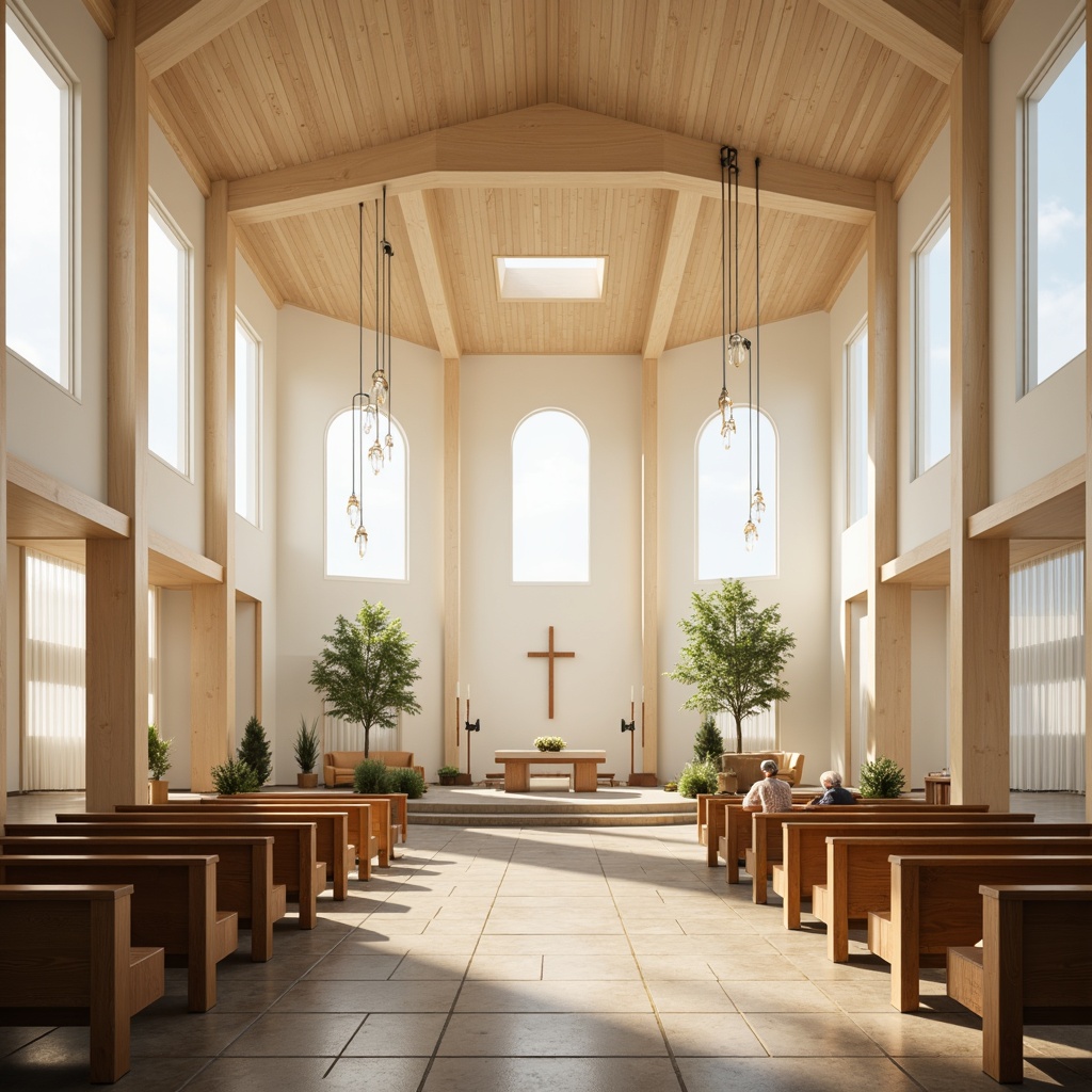 Prompt: Serenity-filled worship space, natural stone flooring, minimalist altar, simple wooden pews, floor-to-ceiling windows, abundant soft light, subtle shadows, peaceful ambiance, calming color palette, cream-colored walls, sparse decor, elegant chandeliers, refined architectural lines, harmonious proportions, vertical composition, warm beige tones, gentle glow, realistic textures, ambient occlusion.