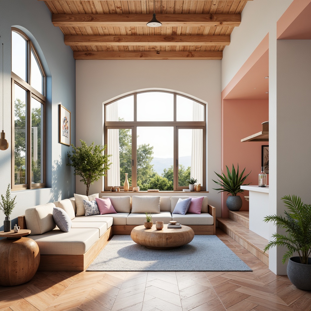 Prompt: Vibrant pastel hues, soft peach tones, calming blue accents, creamy white textures, rich wood grains, natural stone patterns, earthy terracotta elements, soothing lavender shades, warm golden lighting, shallow depth of field, 1/1 composition, panoramic view, realistic reflections, ambient occlusion.