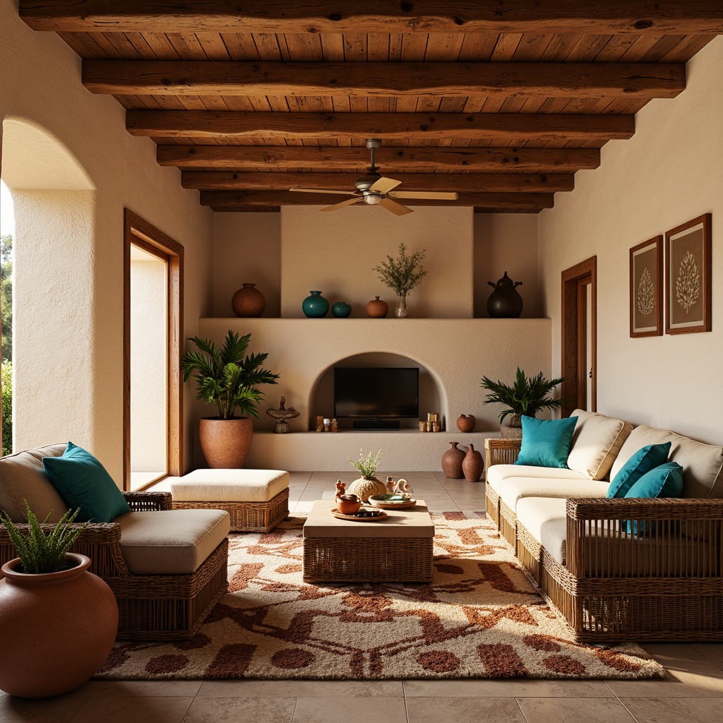 Prompt: Southwestern-style living room, earthy tone palette, adobe architecture, rustic wooden beams, woven wicker furniture, vibrant turquoise accents, terracotta pottery, natural fiber rugs, chunky throw blankets, rough-hewn stone walls, warm golden lighting, shallow depth of field, 1/1 composition, soft focus, realistic textures, ambient occlusion.