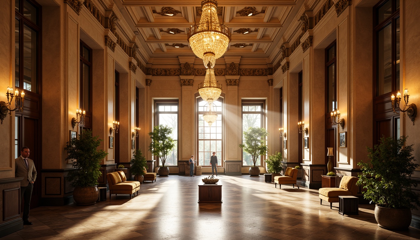 Prompt: Elegant banking hall, grand chandeliers, warm golden lighting, marble floors, ornate columns, stately furniture, rich wood tones, subtle color palette, classic architectural details, softbox lighting, indirect illumination, comfortable ambiance, formal atmosphere, high ceilings, spacious interior, sophisticated decor, luxurious materials, precise shadows, 1/2 composition, natural light pouring in, realistic reflections, subtle texture overlay.