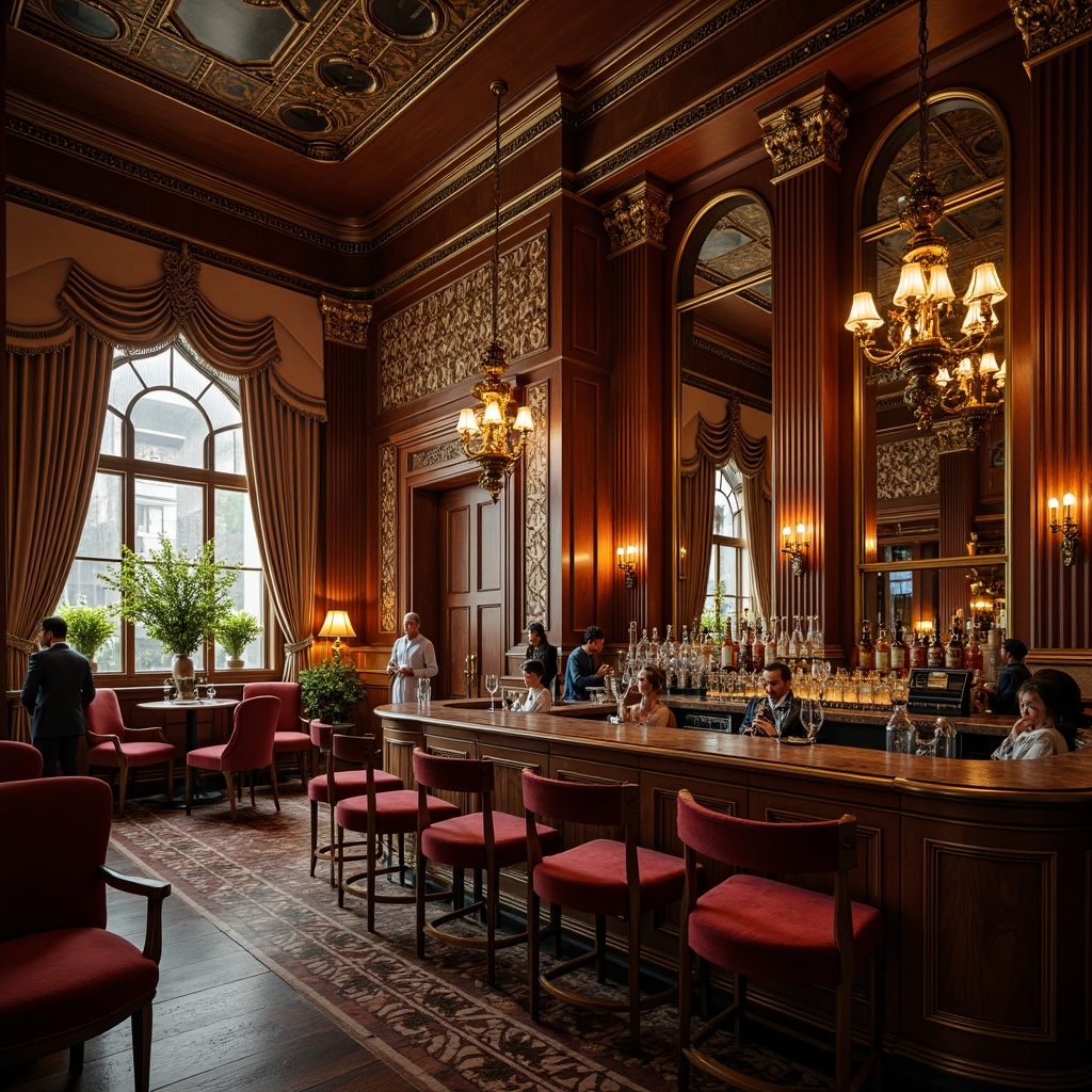 Prompt: Elegant Victorian-style bar, rich wood tones, ornate carvings, intricate moldings, luxurious velvet upholstery, antique brass fixtures, crystal chandeliers, ornamental mirrors, lavish drapery, opulent wallpaper patterns, warm golden lighting, shallow depth of field, 1/2 composition, intimate atmosphere, realistic textures, ambient occlusion.