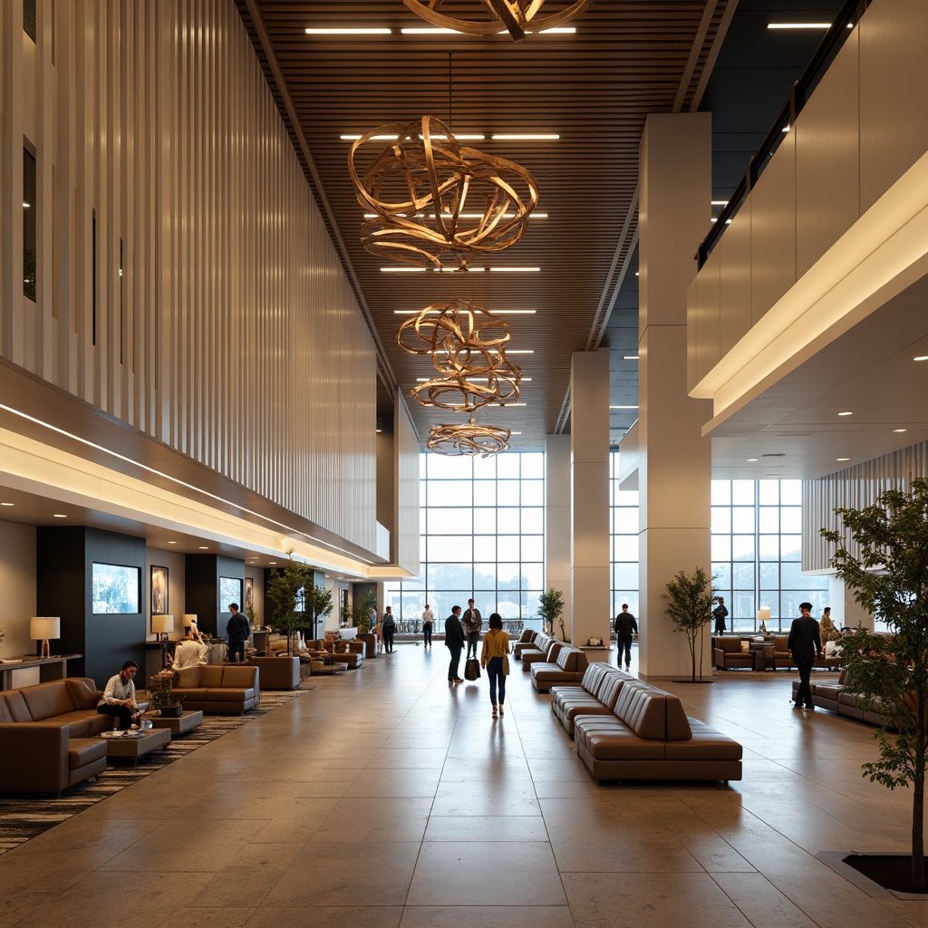 Prompt: Spacious airport lobby, high ceilings, modern chandeliers, sleek metal accents, minimalist furniture, warm beige tones, natural stone floors, dynamic LED lighting, futuristic digital displays, curved lines, aerodynamic shapes, large windows, panoramic views, bustling atmosphere, soft background music, 1/2 composition, shallow depth of field, realistic reflections, ambient occlusion.