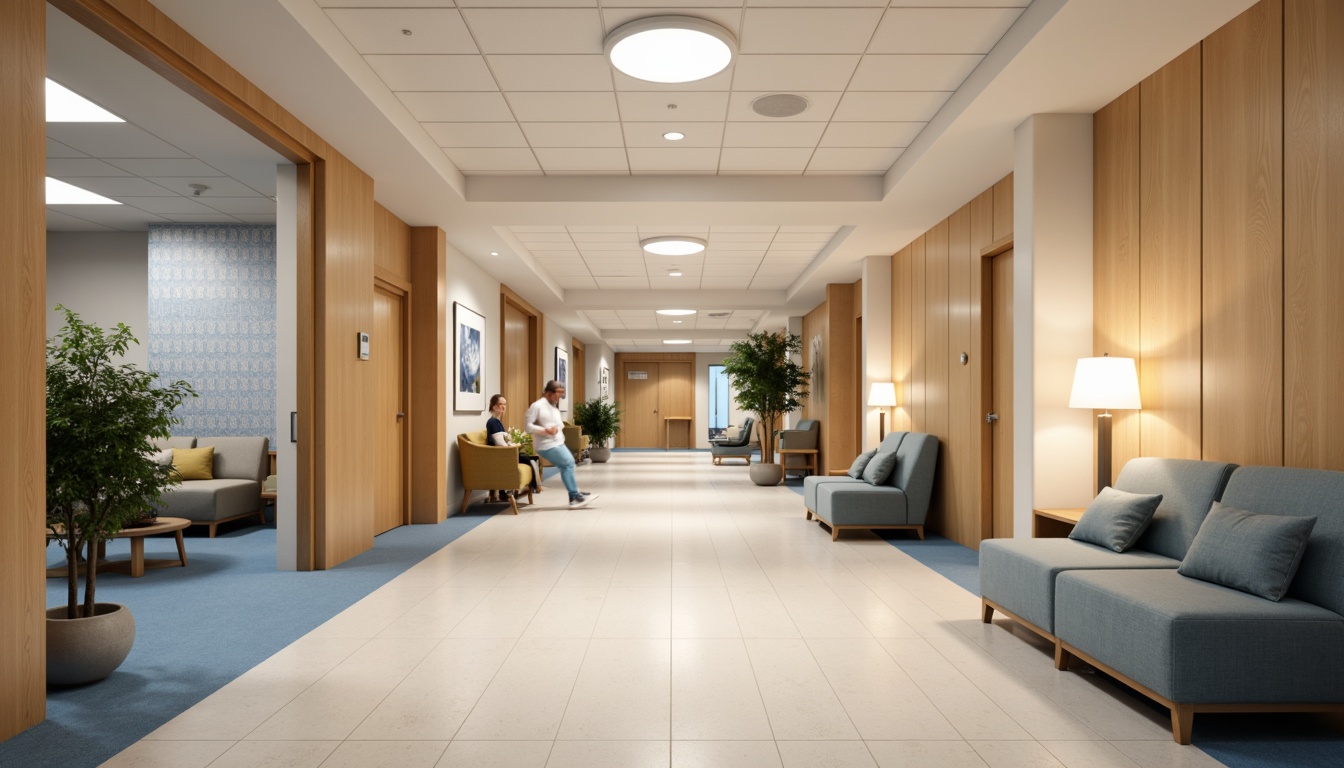 Prompt: \Soothing hospital corridors, warm beige walls, calming blue accents, soft diffused lighting, LED floor lamps, minimalist fixtures, natural wood tones, comfortable waiting areas, gentle ambient glow, circular pendant lights, rounded corner details, acoustic ceiling panels, sound-absorbing materials, peaceful patient rooms, serene nurse stations, subtle color schemes, gentle gradient effects, warm white lighting, cozy reading nooks, 1/2 composition, realistic textures, atmospheric rendering.\