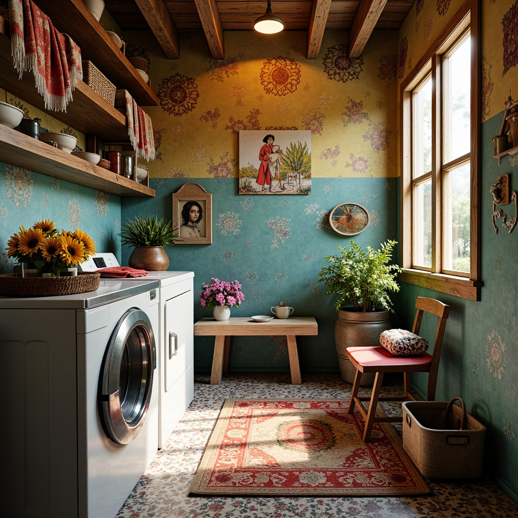 Prompt: Vibrant laundry room, playful splashes of color, whimsical fabric textures, eclectic patterned rugs, distressed wooden accents, vintage metal washing machines, ornate ceramic tiles, soft warm lighting, shallow depth of field, 1/1 composition, intimate atmosphere, realistic fabrics, ambient occlusion, dreamy atmosphere, romantic florals, bold brushstrokes, expressive color palette.