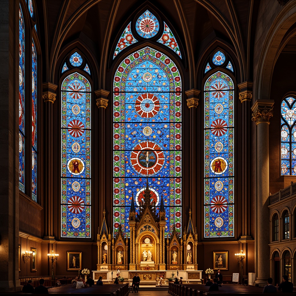 Prompt: Intricate stained glass windows, vibrant colors, ornate floral patterns, whimsical curvilinear lines, sacred religious symbols, grandiose cathedrals, ornate altarpieces, lavish decorations, intricate mosaics, golden accents, dramatic lighting effects, warm ambient glow, soft diffused light, realistic textures, highly detailed renderings, 1/1 composition, symmetrical framing, majestic verticality, heavenly atmosphere.