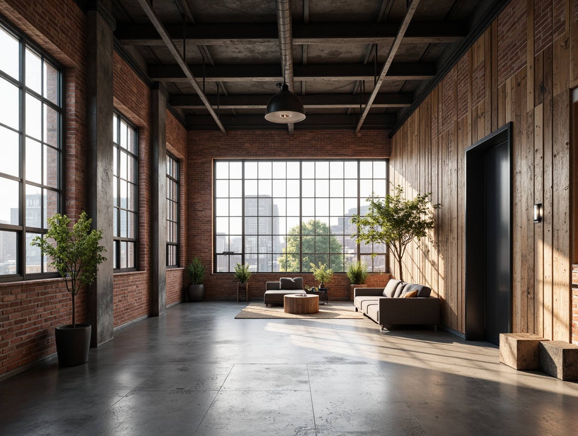 Prompt: Exposed brick walls, distressed metal panels, reclaimed wood accents, polished concrete floors, industrial-style lighting fixtures, minimalist decor, urban cityscape views, neutral color palette, weathered steel beams, rugged stonework, mechanical equipment visible, functional pipes, brutalist architecture, modern factory design, high ceilings, abundant natural light, softbox lighting, 1/1 composition, realistic reflections, ambient occlusion.