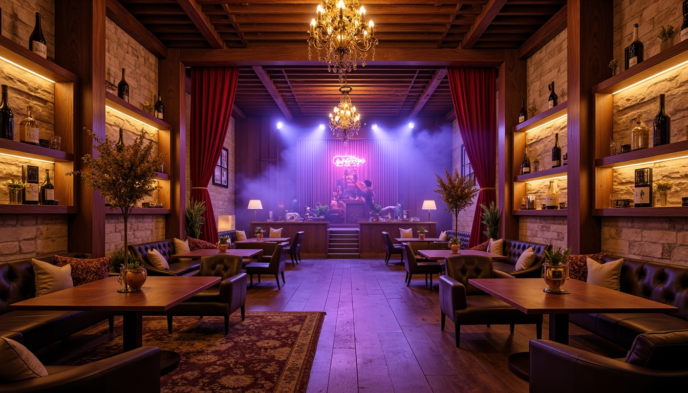 Prompt: Rustic wooden accents, soft warm glow, vintage chandeliers, dimmable LED lights, cozy intimate spaces, rich velvet drapes, ornate metal fixtures, distressed stone walls, reclaimed wood floors, plush furnishings, elegant candelabras, champagne bottle displays, luxurious VIP areas, dance floors, DJ booths, strobe lights, fog machines, vibrant purple hues, golden metallic accents, classic French country charm, modern innovative lighting technology, warm ambiance, dramatic high ceilings, grand entranceways.