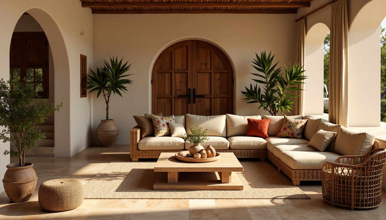 Prompt: Cozy Mediterranean living room, warm beige walls, rustic stone flooring, plush sectional sofa, distressed wood coffee table, woven wicker armchairs, vintage Moroccan tiles, colorful ceramic vases, lush green potted plants, natural linen drapes, soft golden lighting, shallow depth of field, 2/3 composition, intimate atmosphere, realistic textures, ambient occlusion.