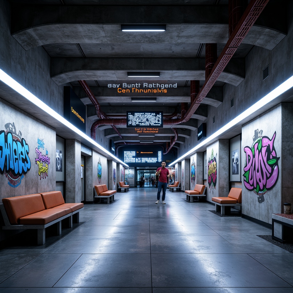 Prompt: Urban metro station, modern transitional style, sleek concrete walls, metallic accents, LED light installations, futuristic ambiance, high-contrast color scheme, bold typography, dynamic patterns, geometric shapes, industrial chic materials, exposed ductwork, polished steel columns, minimalist benches, urban graffiti art, vibrant neon lights, dramatic shadowing, 1/1 composition, low-angle shot, cinematic lighting, realistic reflections.