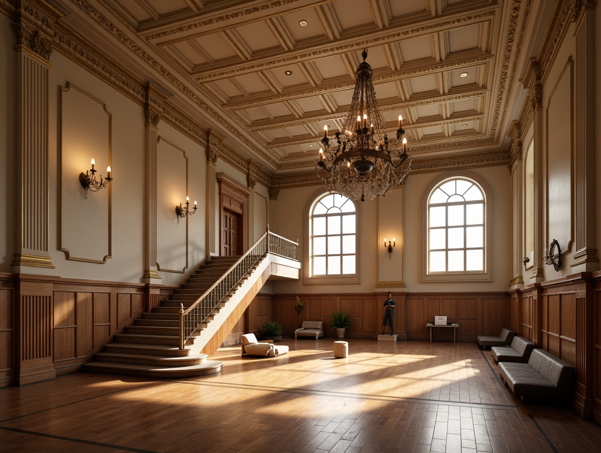 Prompt: Elegant gymnasium interior, neoclassical architectural style, ornate wall treatments, intricate moldings, decorative pilasters, classical columns, arched windows, grand staircase, luxurious chandeliers, rich wood paneling, subtle warm lighting, soft shadows, shallow depth of field, 1/1 composition, realistic textures, ambient occlusion.