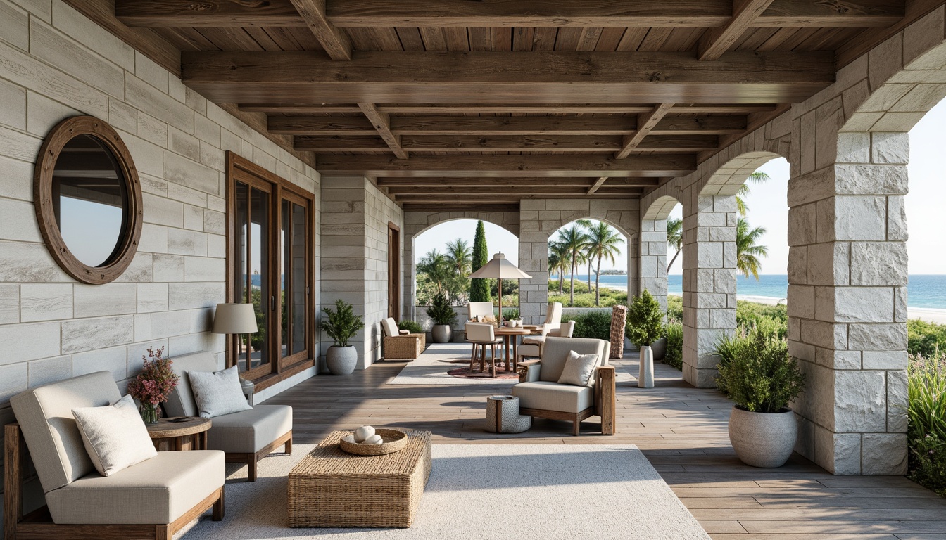 Prompt: Weathered wood accents, driftwood grey tones, nautical rope details, porthole windows, shiplap siding, ocean-inspired color palette, sea salt-weathered stone, coral-patterned tiles, beachy keystone arches, distressed finishes, natural textiles, woven sea grass, reclaimed wood floors, ocean breeze-inspired ventilation, soft warm lighting, shallow depth of field, 1/1 composition, panoramic view, realistic textures, ambient occlusion.