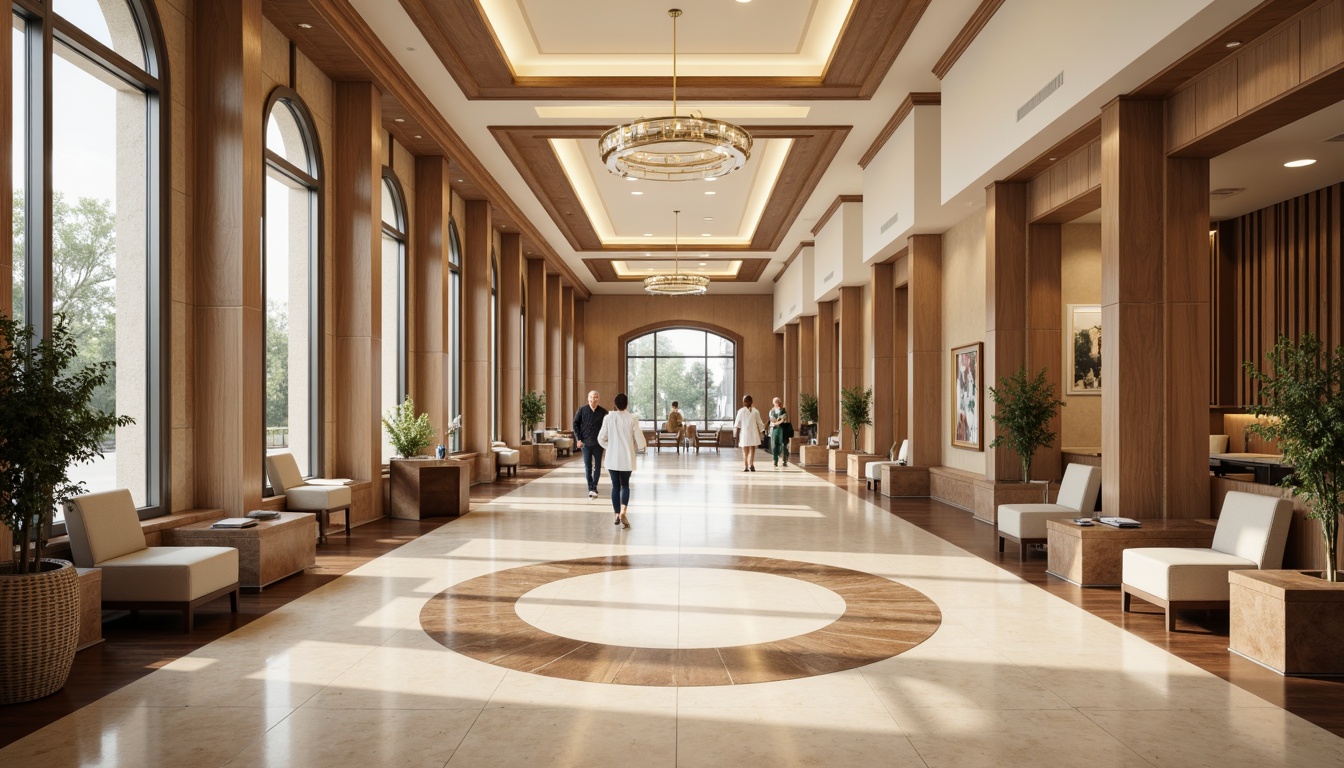 Prompt: Elegant healthcare facility, grand entrance halls, ornate columns, intricate moldings, polished marble floors, luxurious wood paneling, neutral color schemes, soft warm lighting, subtle shadows, symmetrical compositions, harmonious proportions, serene waiting areas, comfortable seating, natural stone accents, sophisticated medical equipment, professional staff uniforms, calm atmosphere, soothing background music, shallow depth of field, 2/3 composition, realistic textures, ambient occlusion.