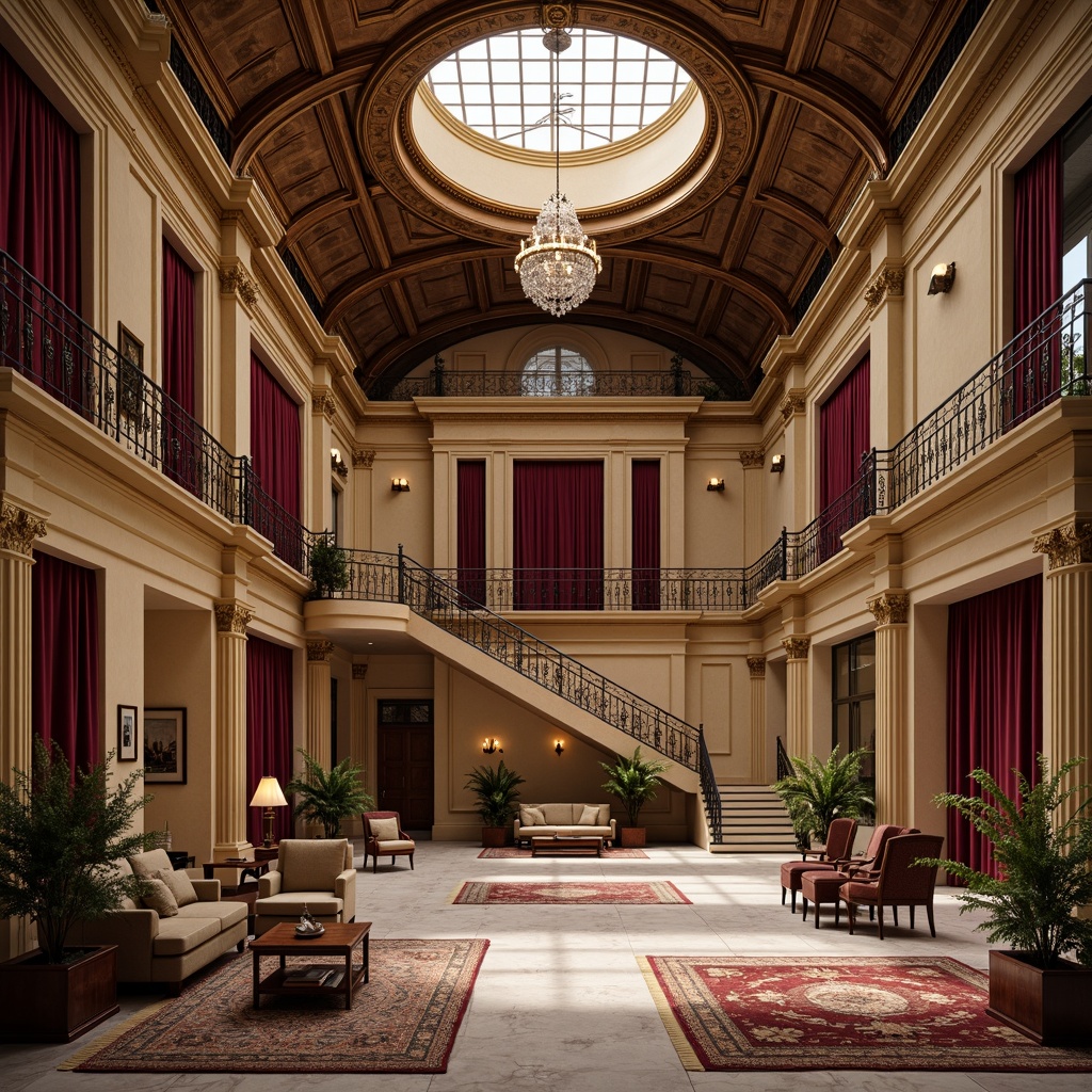 Prompt: Elegant gymnasium interior, neoclassical architectural style, ornate columns, carved wooden accents, rich velvet fabrics, golden bronze fixtures, crystal chandeliers, marble flooring, grand staircase, stately furniture pieces, intricately patterned rugs, majestic vaulted ceiling, soft warm lighting, 1/1 composition, realistic textures, ambient occlusion.